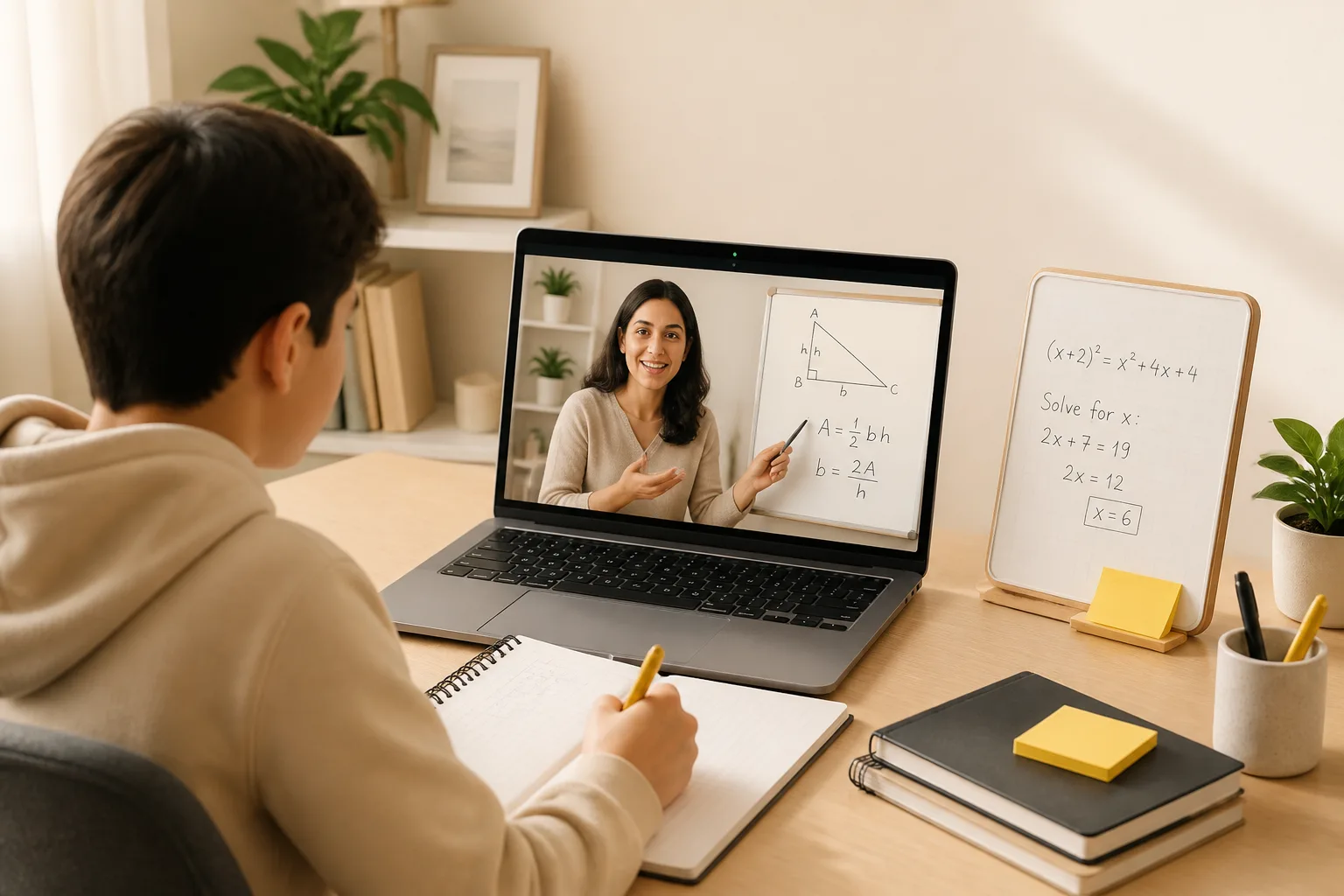 Student in a live 1-on-1 online tutoring session with notebook and laptop