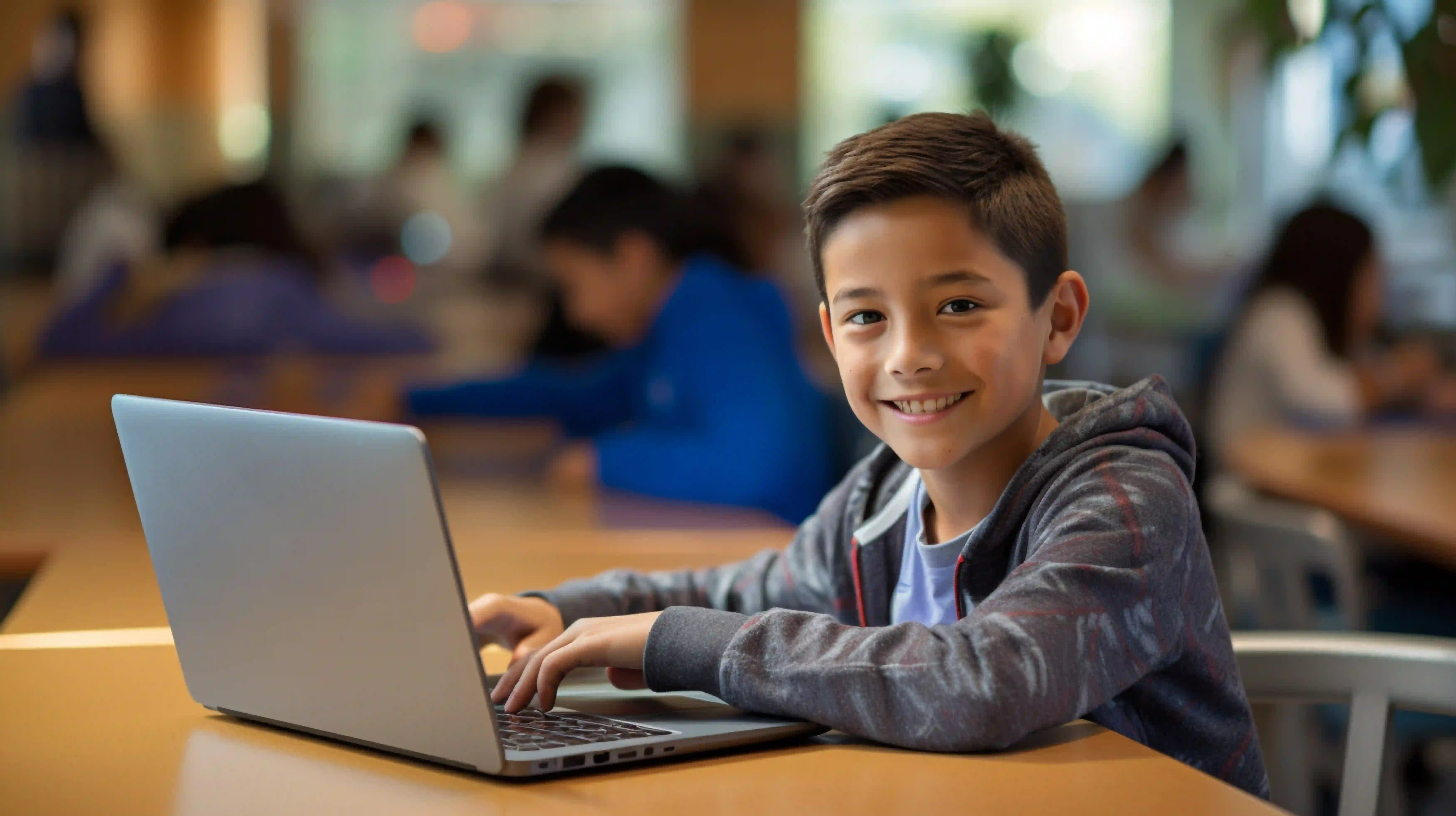 An intermediate school student studying during an online English tutoring session