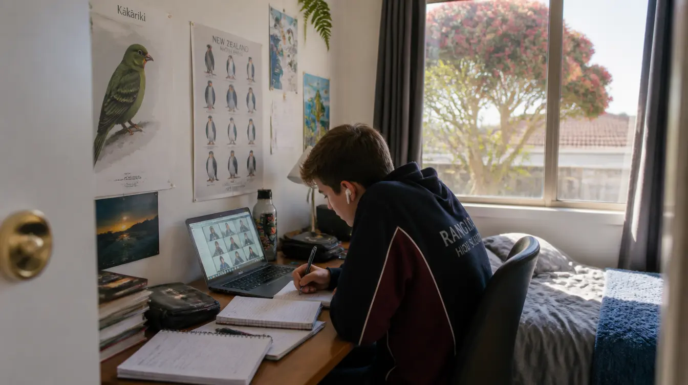 An NCEA Level 3 student studying during an online biology tutoring session