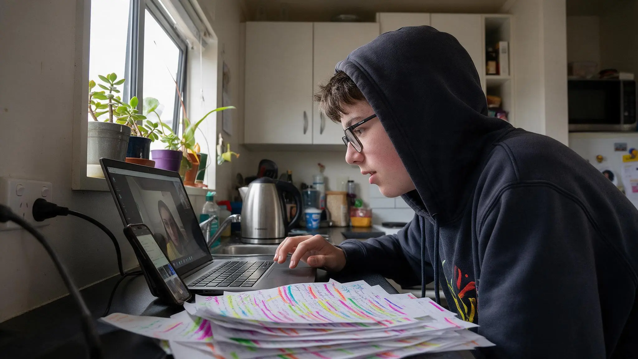 An NCEA Level 3 student studying during an online English tutoring session