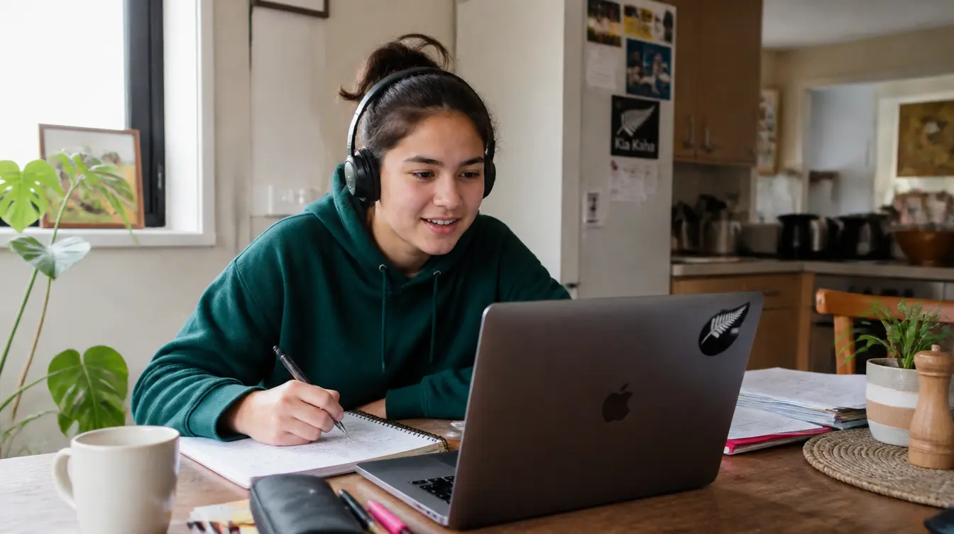An NCEA Level 3 student studying during an online German tutoring session