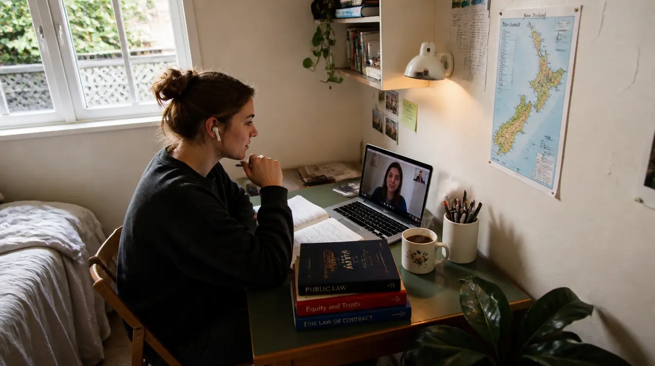 An NCEA Level 3 student studying during an online legal studies tutoring session