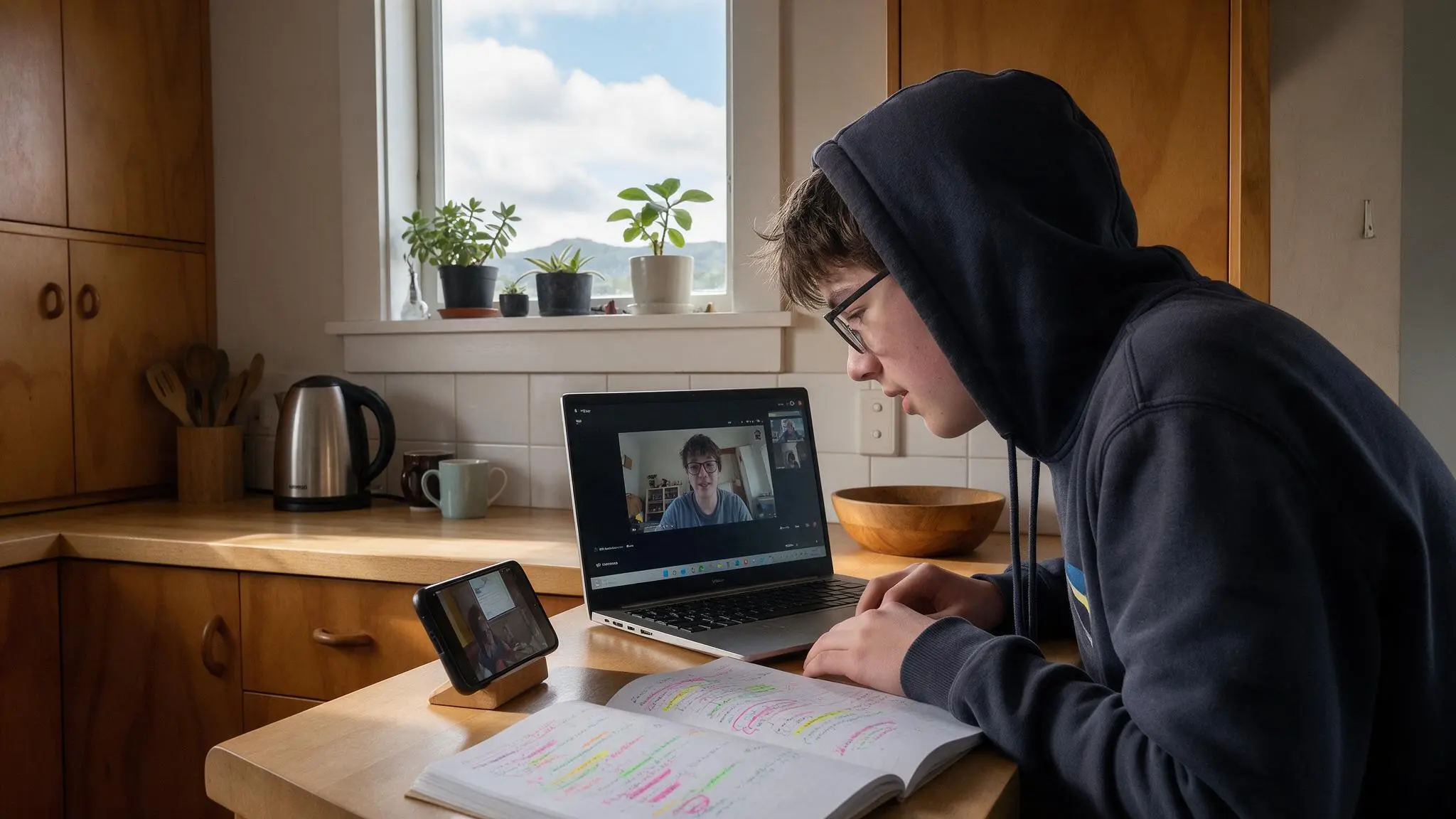 An NCEA Level 3 student studying during an online media studies tutoring session