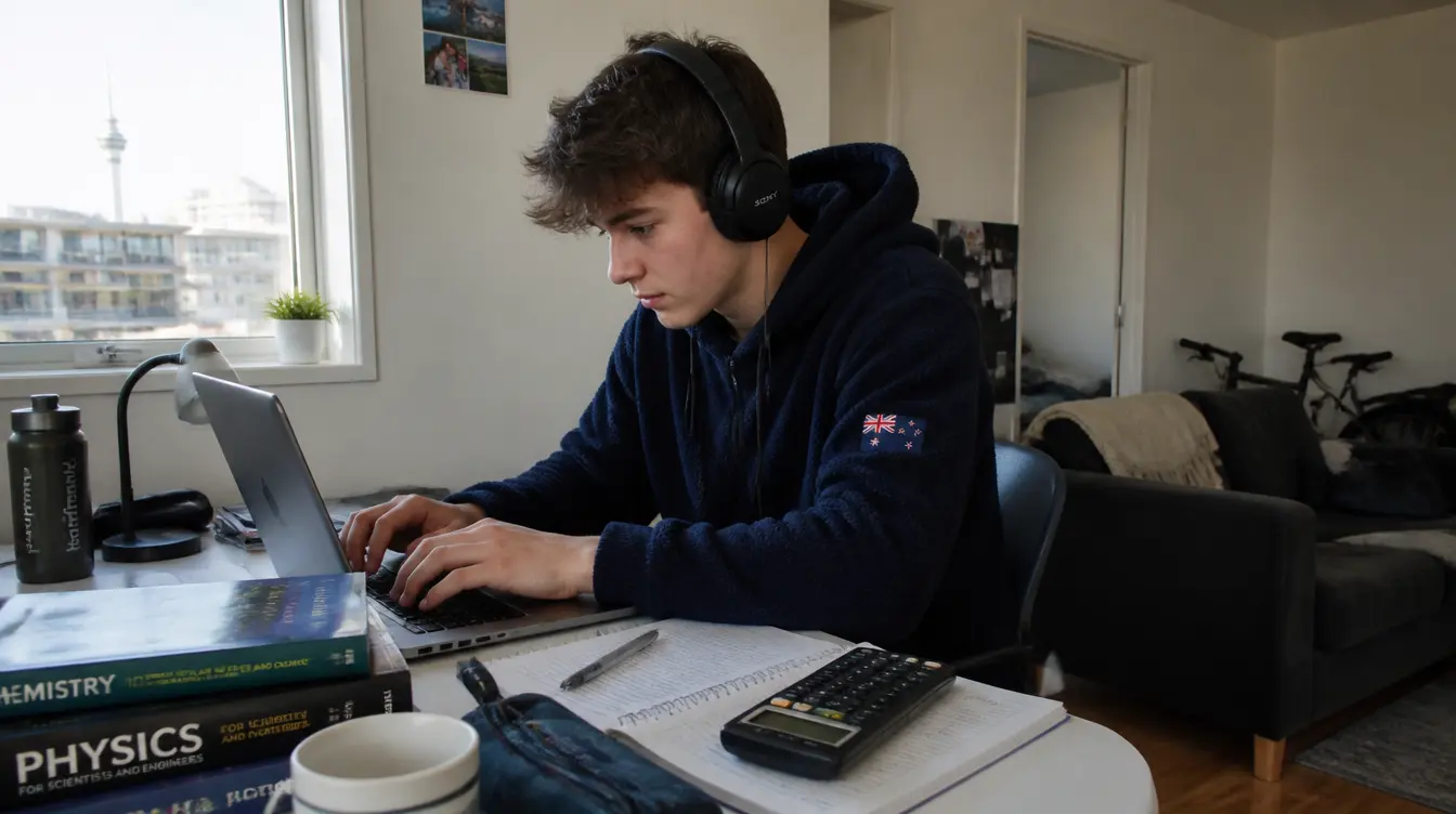 An NCEA Level 3 student studying during an online physics tutoring session