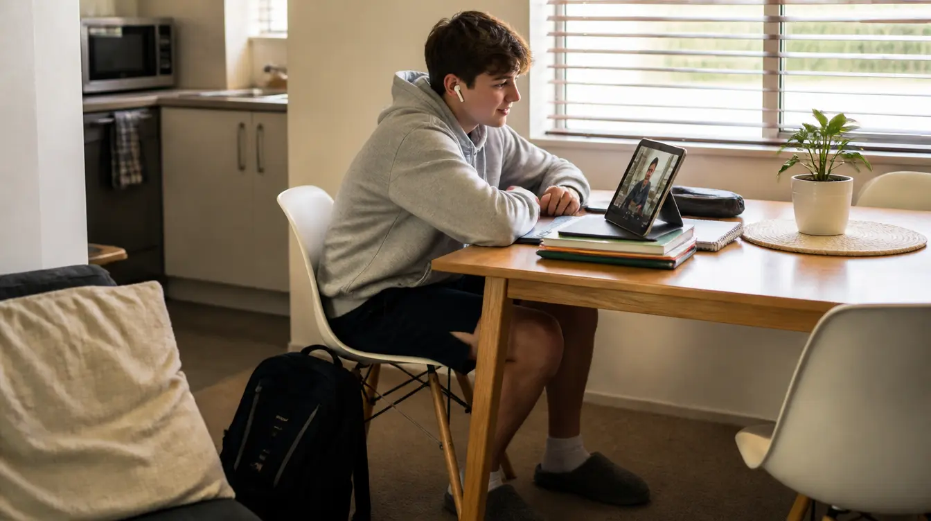 An NCEA Level 3 student studying during an online sociology tutoring session