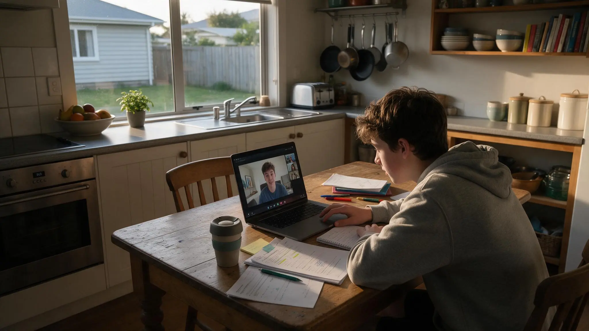 An NCEA Level 3 student studying during an online statistics tutoring session
