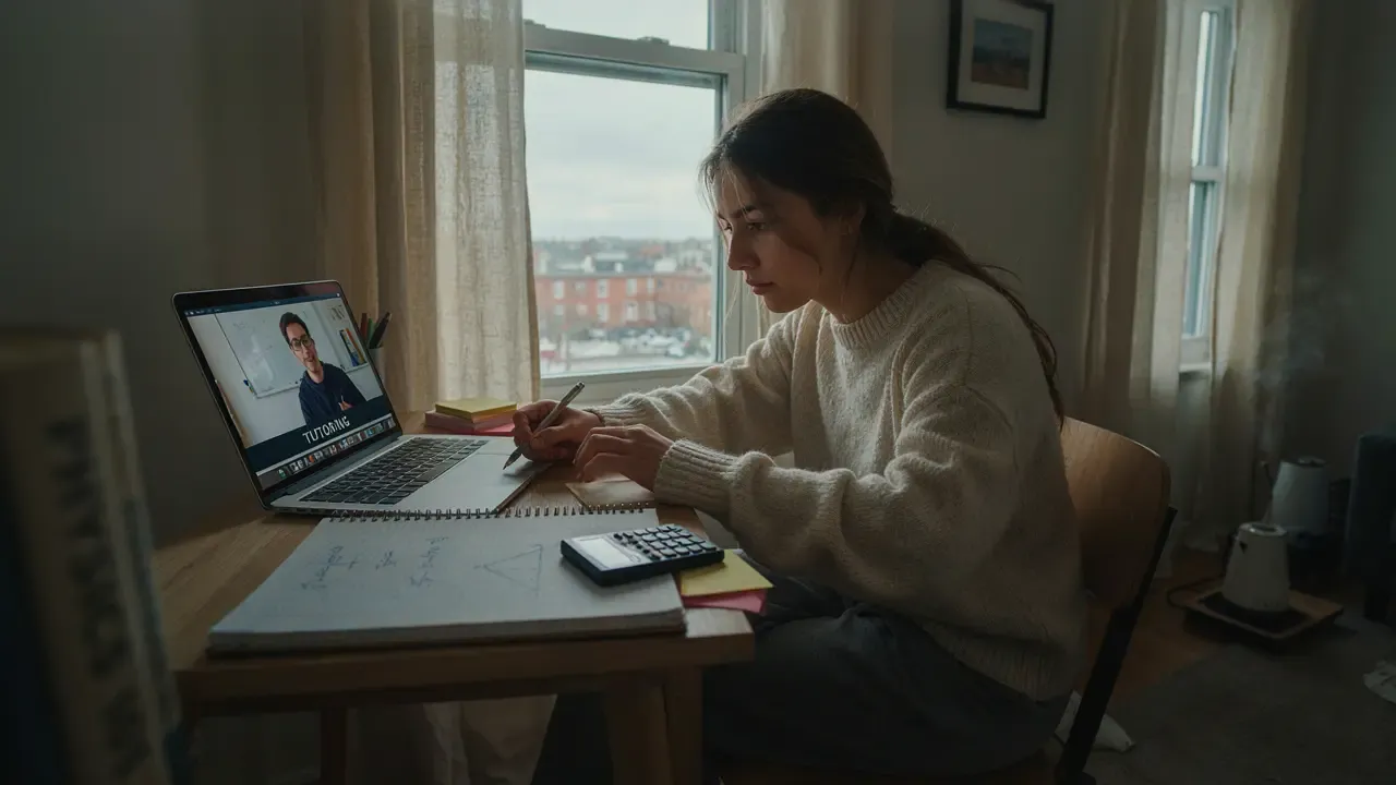A student studying during an online computer science tutoring session