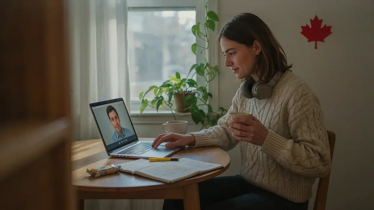 A student in Canada working with an online elementary maths tutor over video call