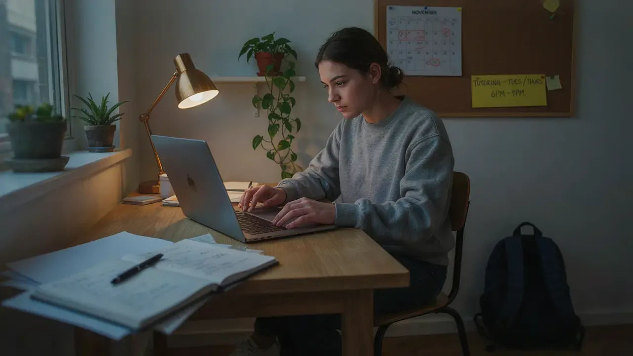 A high school student studying at a desk during an online maths tutoring session