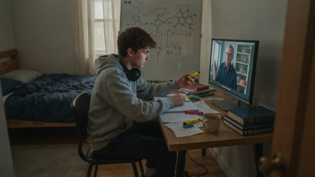 A high school student studying during an online chemistry tutoring session