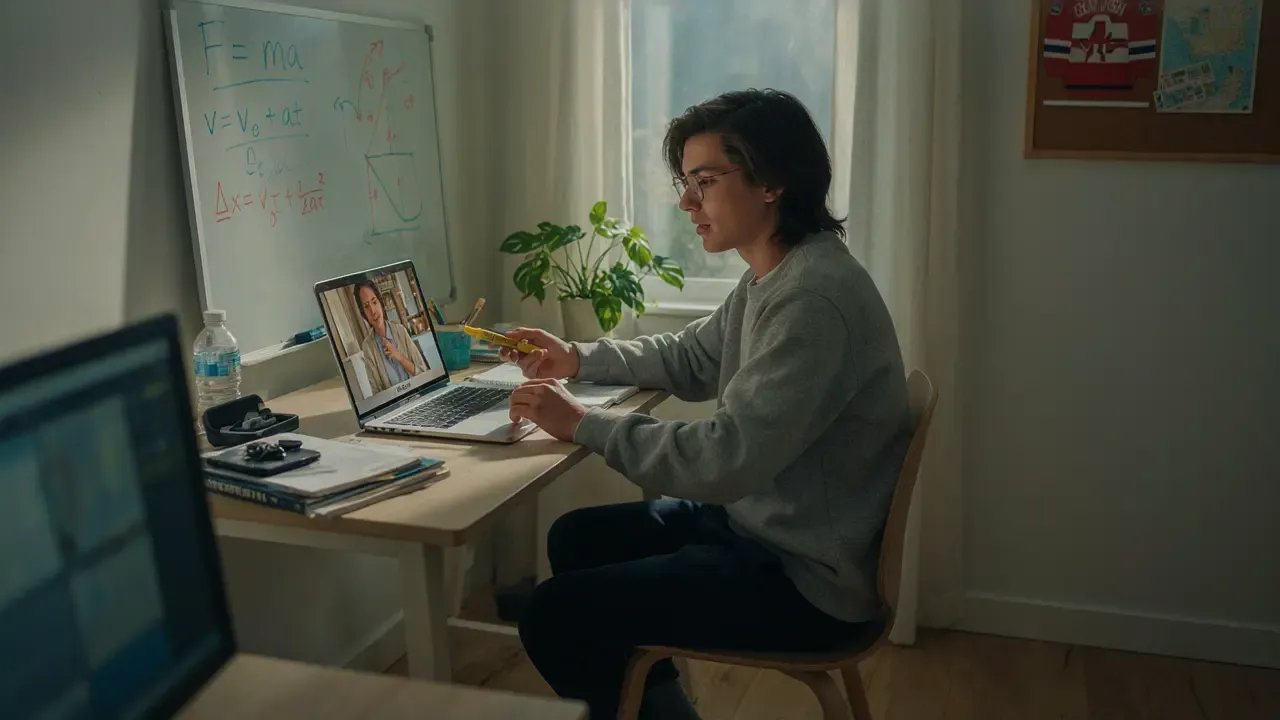 A high school student studying during an online physics tutoring session