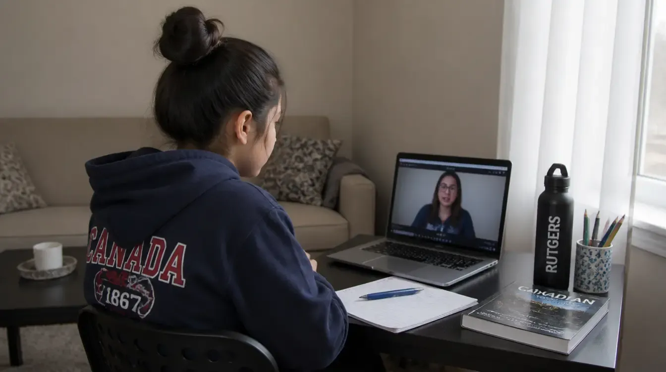 A high school student studying during an online history and geography tutoring session