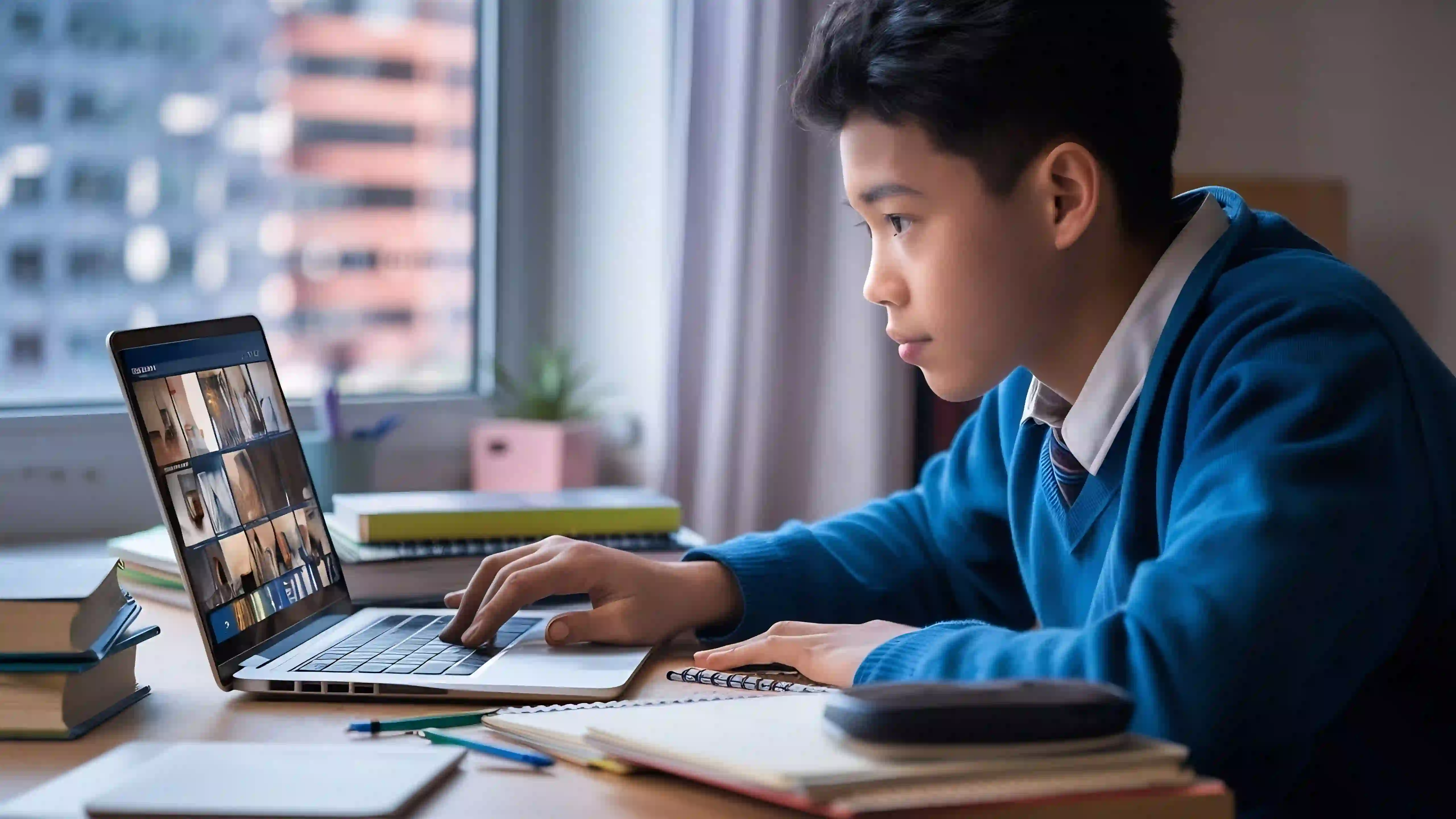 A Singapore student studying with a laptop during an online Geography tutoring session