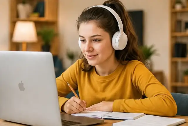 Student learning on a laptop during an online tutoring session
